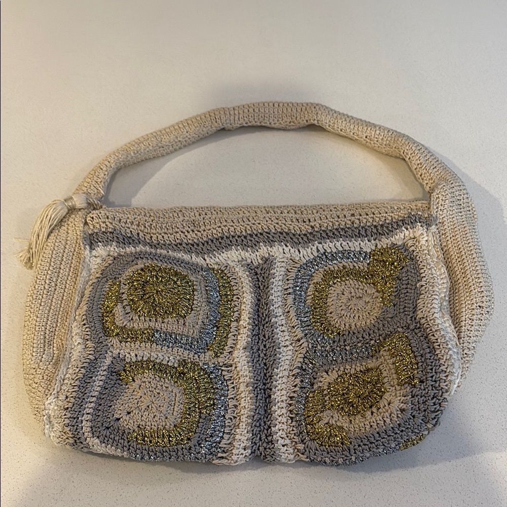Anthropologie Crochet Beige and Gray Crochet Shoulder Bag